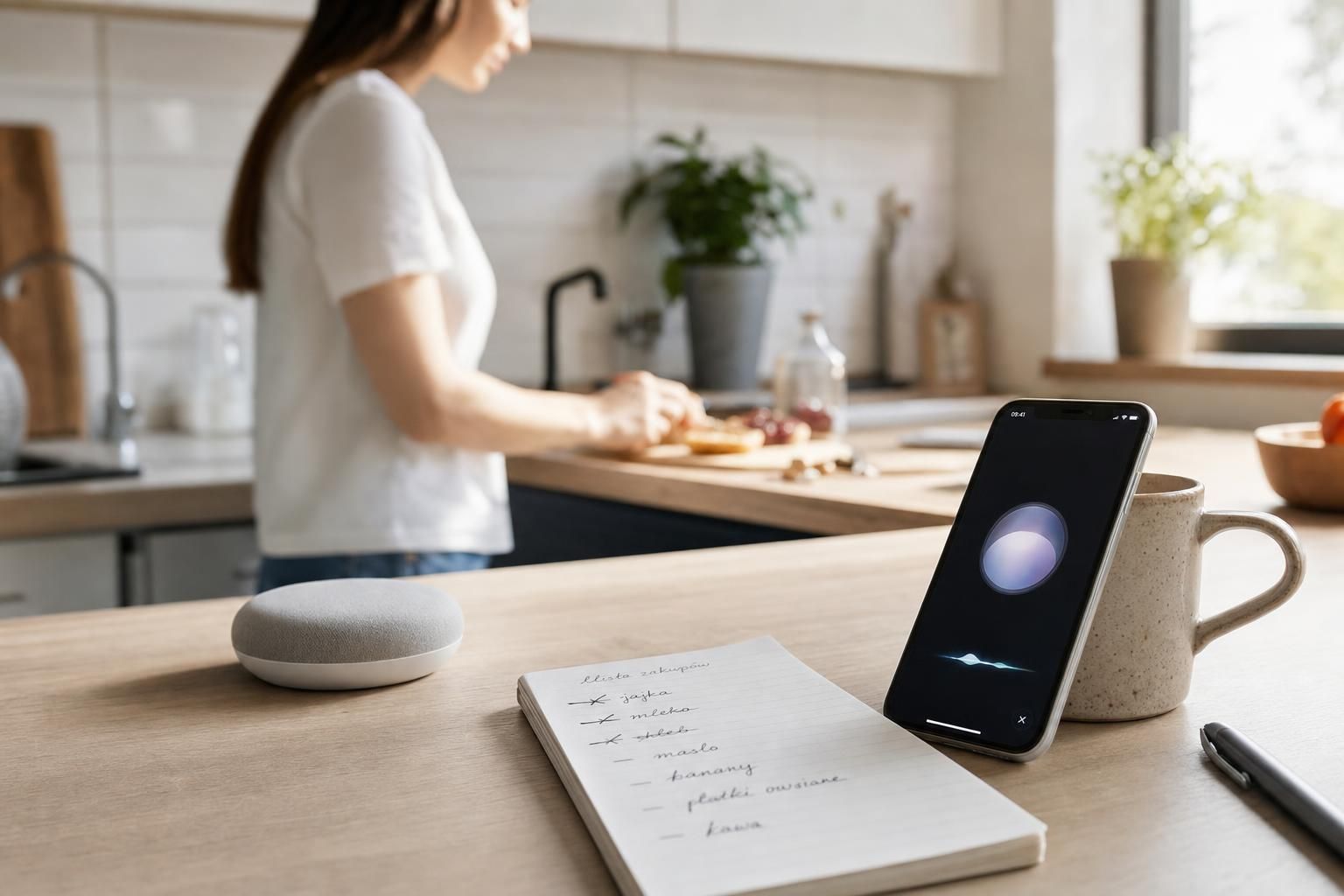 Smartfon z asystentem głosowym na kuchennym blacie, obok lista zakupów i osoba w tle.