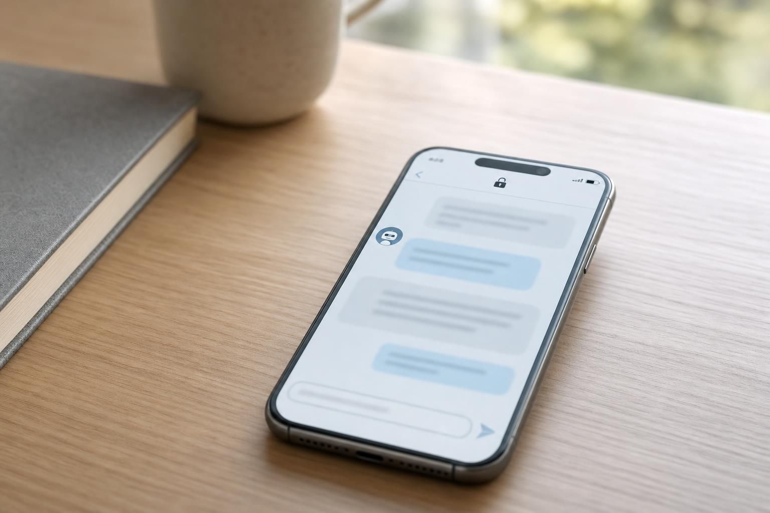 Smartfon z rozmytym czatem leży na stole obok notesu i kubka w naturalnym świetle.