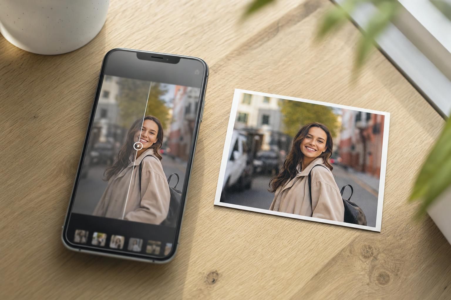 Smartfon na drewnianym stole pokazuje prostą poprawę zdjęcia z pomocą AI.