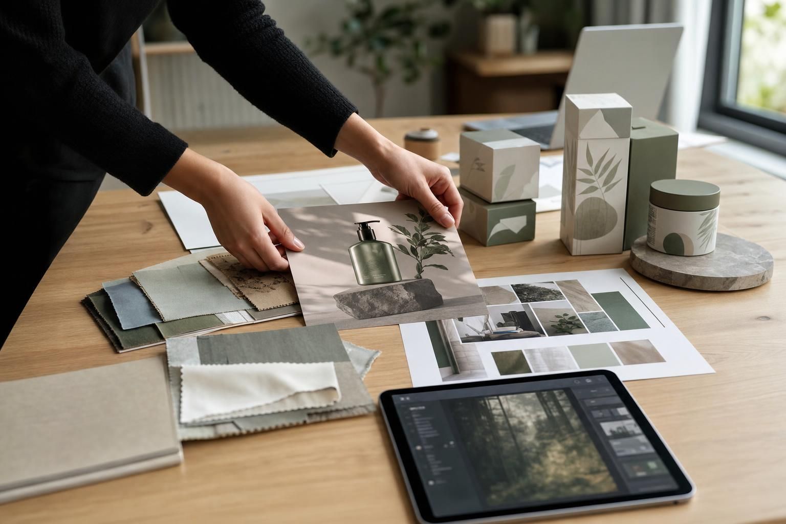 Dłonie osoby układają makiety projektowe, próbki materiałów i tablet na jasnym stole w studiu